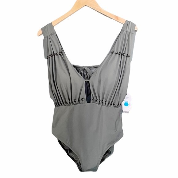 One Piece Bathing Suit Sexy Plunging Neck Tie-Back Swimsuit Olive Green Large - Picture 1 of 10